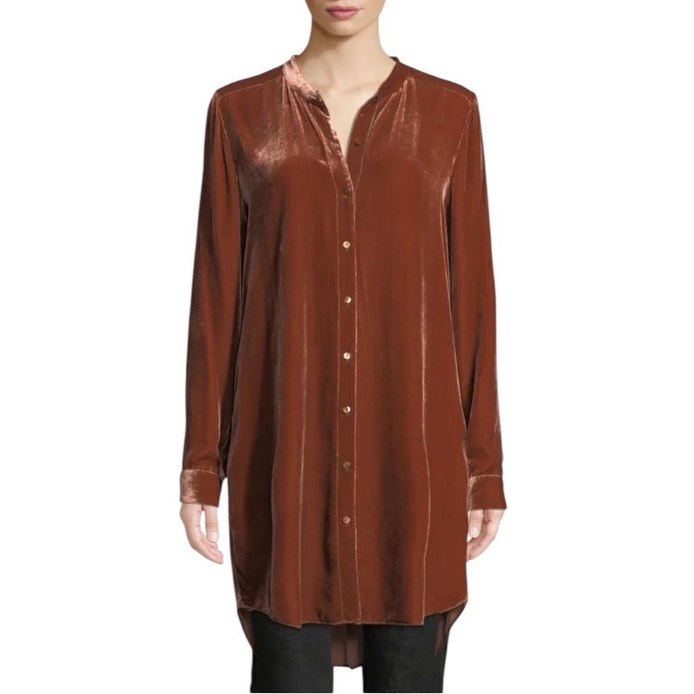 Eileen Fisher Velvet Shirt Dress Button Front Long Sleeve Band Collar Sz XS